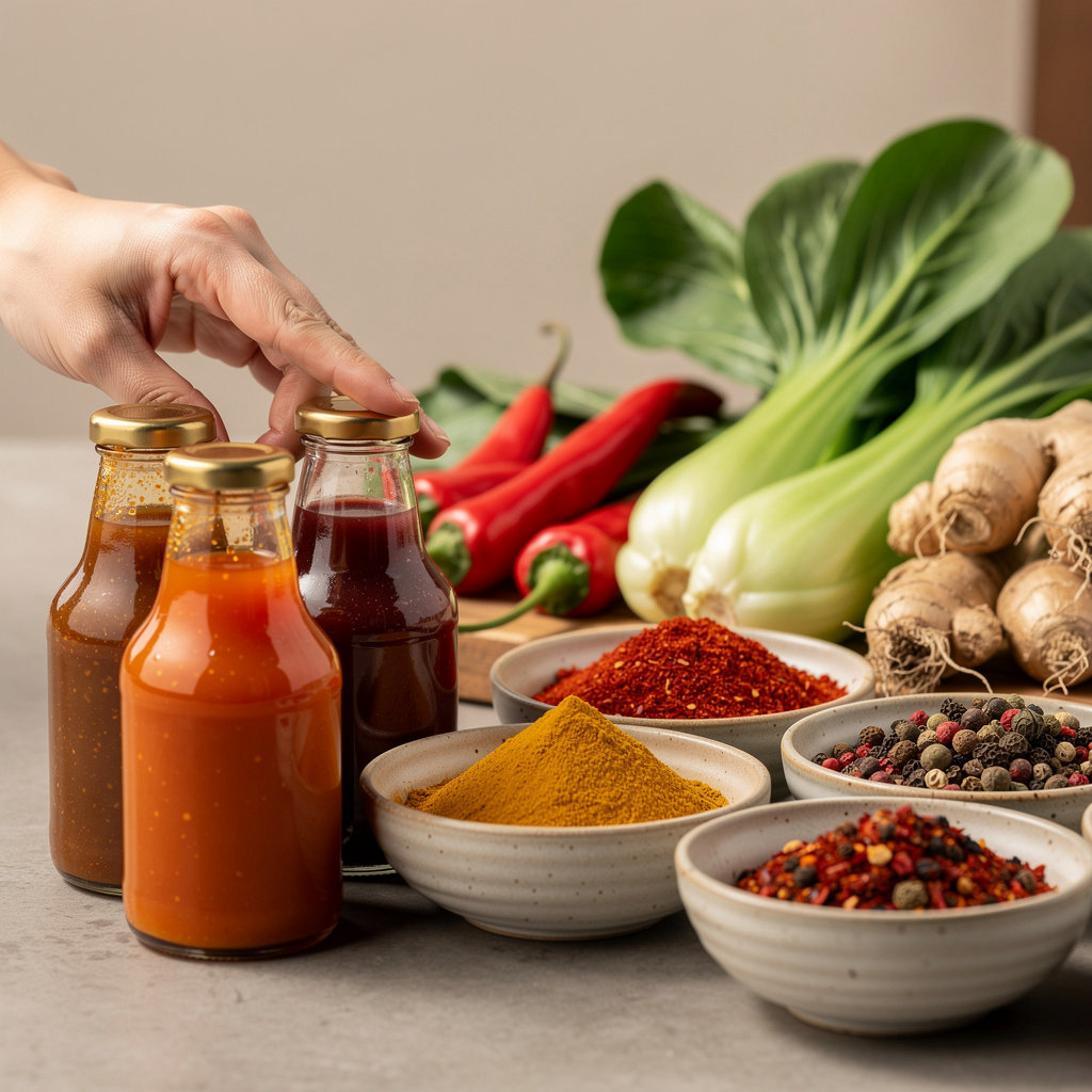 Indo-China Market's diverse selection of Asian grocery categories including sauces, spices, and fresh produce in Goleta